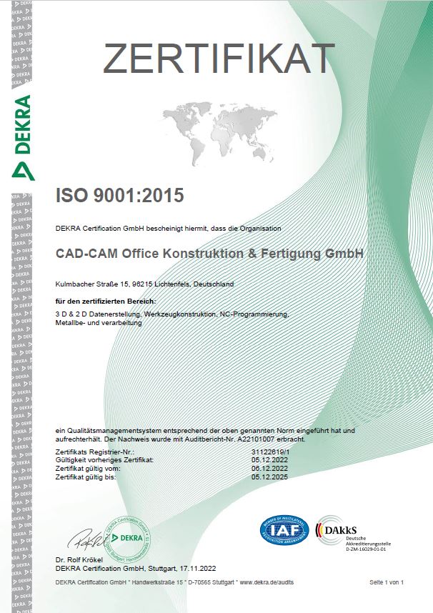 CAD-CAM Office Zertifikat ISO 9001:2015